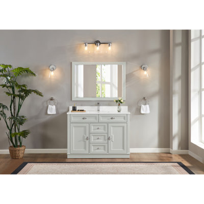 Meuble-lavabo simple 48 po en bois massif avec plateau en marbre d'ingénierie de 1 po