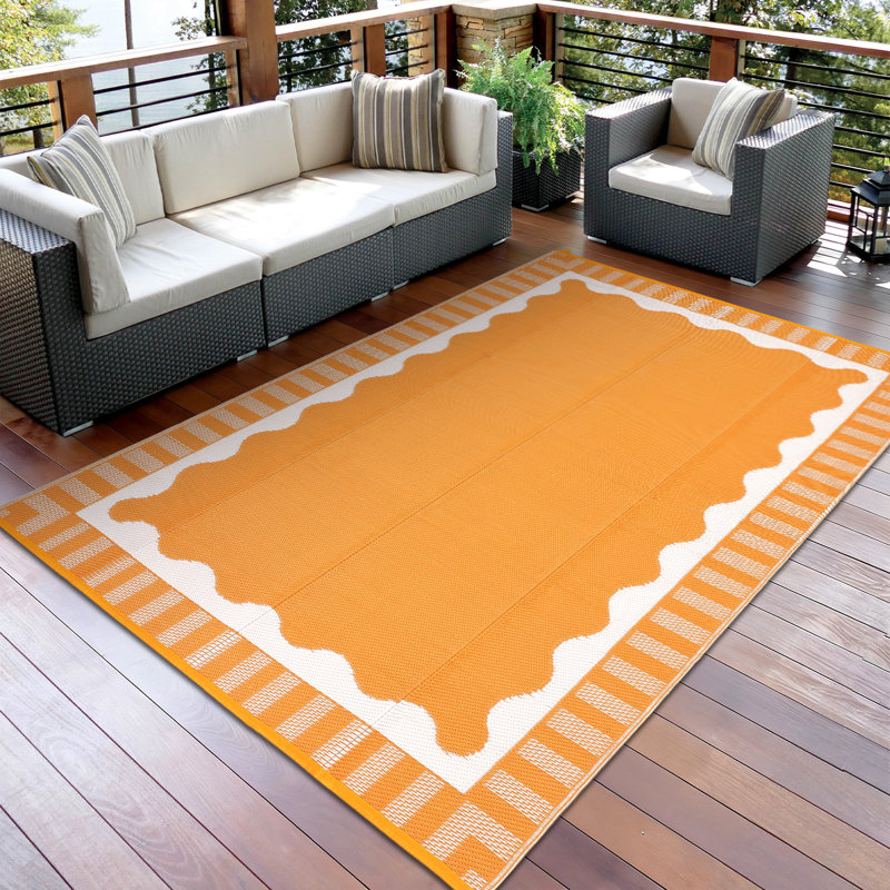 Tapis d'extérieur réversible Modern Wave, tapis en plastique imperméable et résistant aux rayons UV, facile à nettoyer, orange / blanc, patio, jardin, terrasse, tapis de camping, 8 x 10 pi