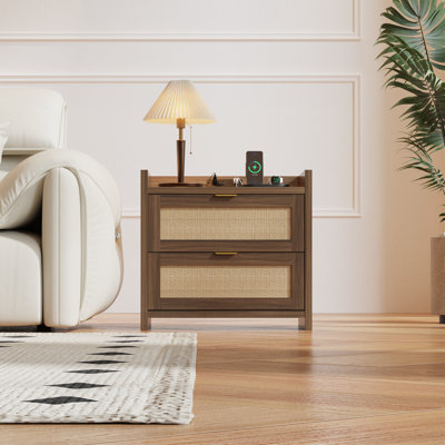 Rattan Nightstand with Charging Station, 2 Storage Drawers & Gold Handles - Modern Boho End Table for Bedroom, Living Room, or Study, White
