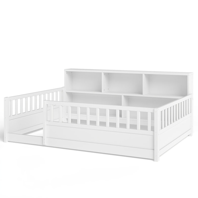 A full-sized wooden floor bed with a fence-style guardrail, featuring a side storage decorative function, and its color is white.