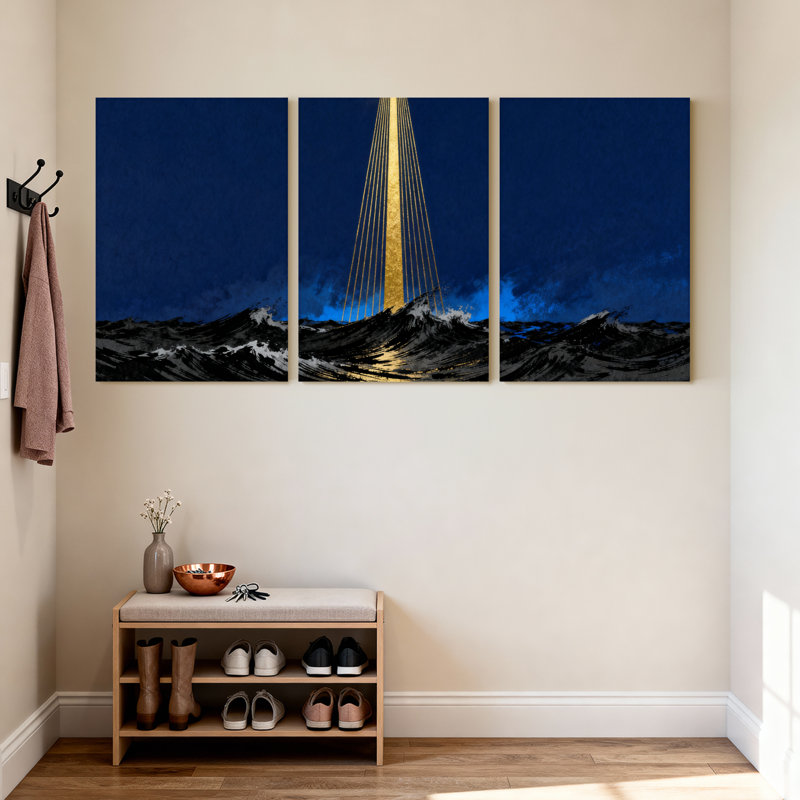 Night Sky Bridge Waves Reflection Gold Light, ensemble de 3 impressions sur toile, H 18 po x l 36 po