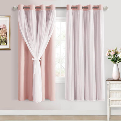 2 Panels Blackout Curtains with Sheer Overlay Thermal Insulated Mix & Match Double Layer Window Panels Drape Sewn with Tiebacks Grommet Top for Bedroom Living Room