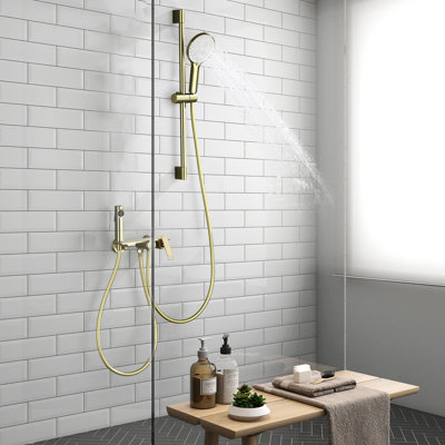 Solod Brass Shower Slide Bar System, 3-Function Handheld Shower Head With Spray Gun And Rough-In Valve