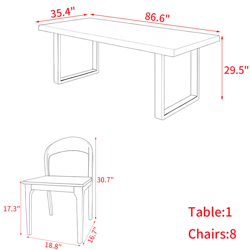 Japanese solid wood rectangular dining table set, 29.5"H x 86.6"L x 35.4"W