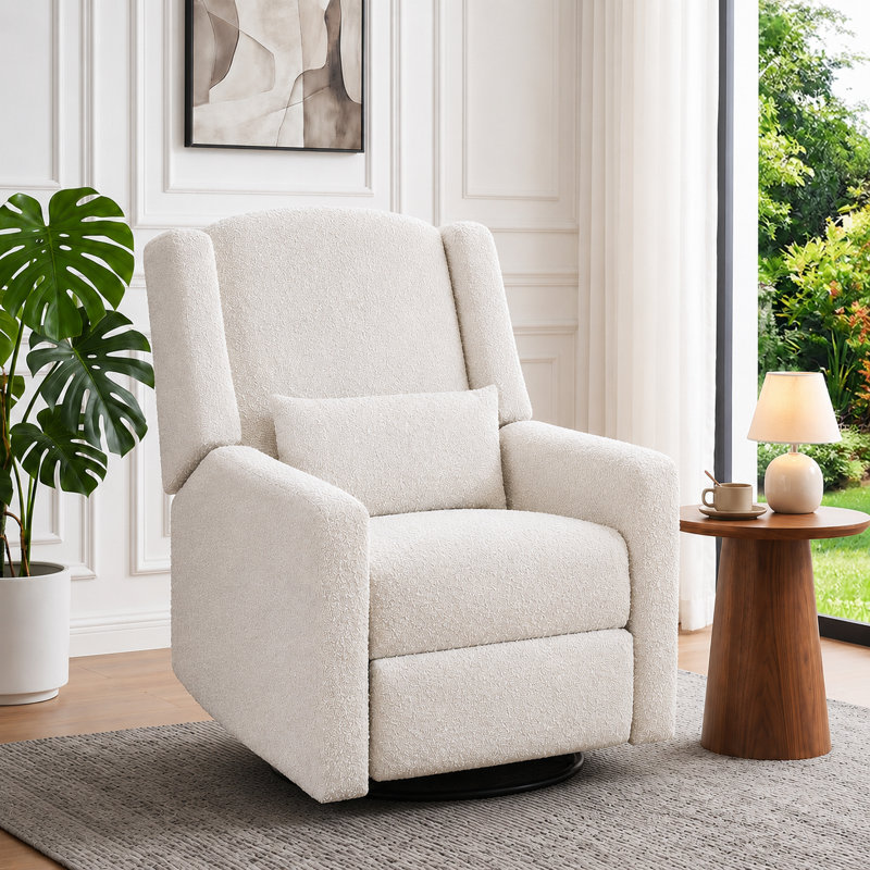 Ivory Bouclé Power Recliner With USB Charging – Modern Wingback Armchair For Living Room Or Nursery -Beige, Beige Boucle