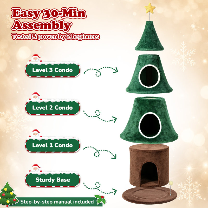 Arbre à chat de Noël de 168 cm avec 2 niches confortables, tour à chat d'intérieur moderne, système anti-basculement, poteaux à griffer recouverts de sisal, perchoirs moelleux et balles suspendues, arbre à chat festif idéal pour que les chatons puissent jouer et dormir.