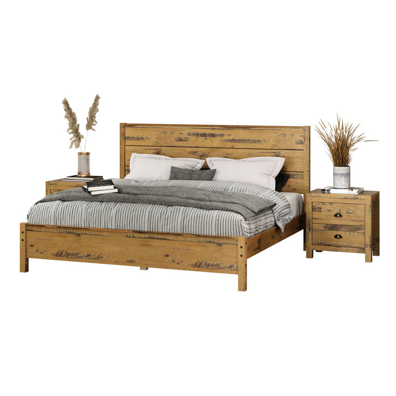Ensemble de 3 chambres pour la chambre à coucher, un très grand lit et deux tables de chevet Hibir, Bois flotté de chêne