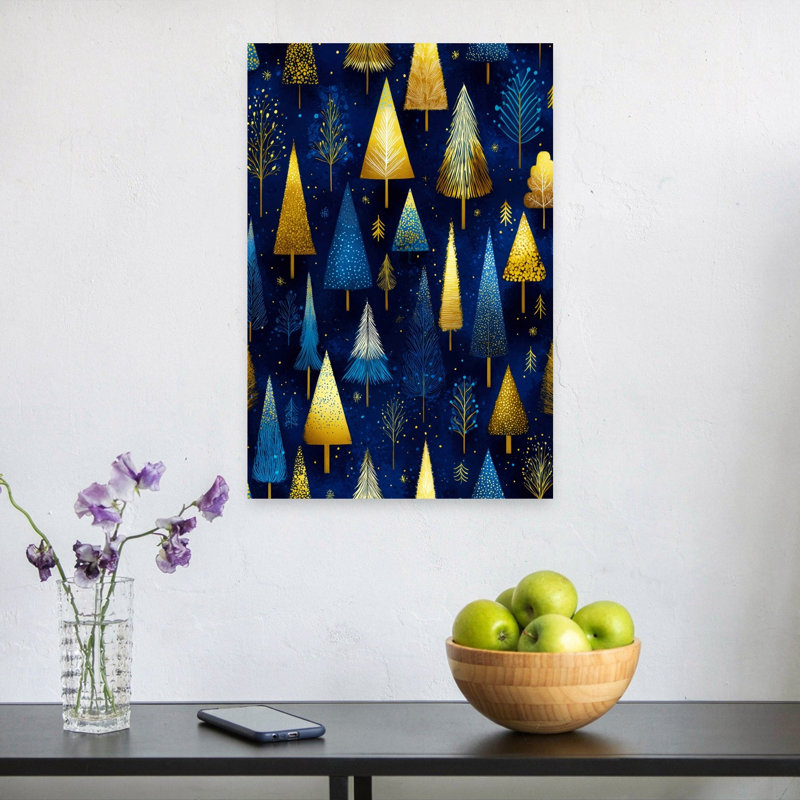 «Golden Winter Forest», impression élégante, arbre de Noël moderne, forêt, art mural, 24" H x 16" W