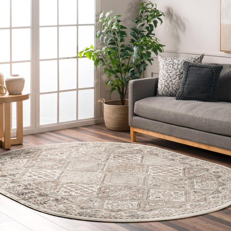 Holden Traditional Tiled Power Loom Performance Beige/Cream Rug, Oval 6'7" x 9'