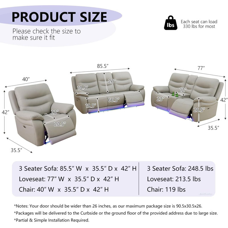 Fauteuil inclinable électrique 40 po en cuir avec éclairage DEL