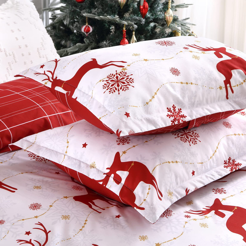 Christmas Reindeer and Snowflake Reversible Duvet Cover Set with Red Plaid, 90"x90"