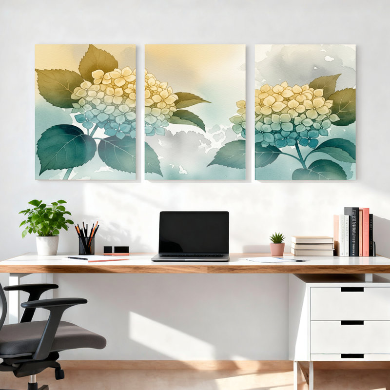 Tableau aquarelle floral d'hortensia sur toile tendue (lot de 3), H 30 po x l 60 po