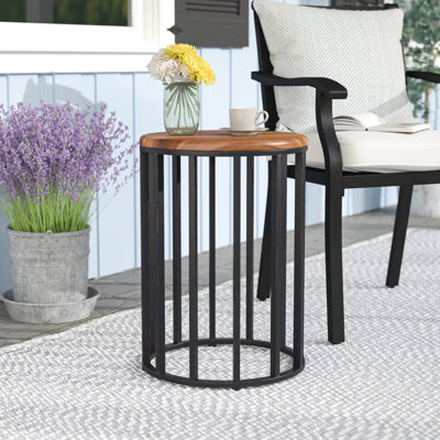 Table d'appoint d'extérieur cylindrique avec plateau rond en bois massif et structure en métal, charme rustique pour patio ou jardin