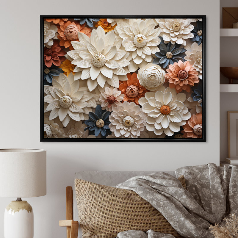 Minimalisme beige, collage Zinnias sur toile, Cadre flottant noir, H 12 po x l 20 po x P 1 po