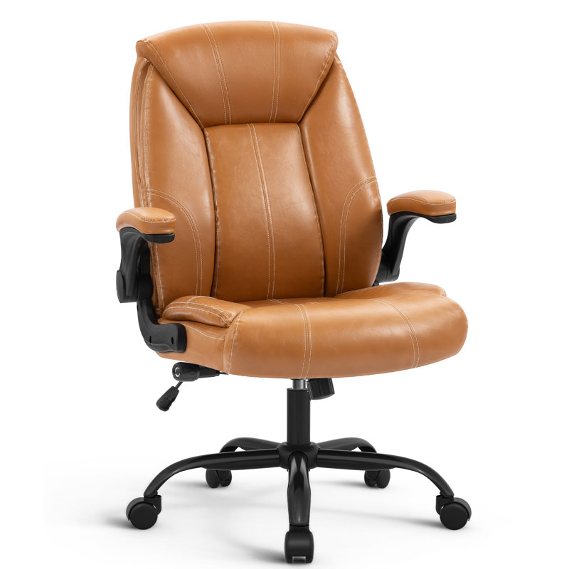 YAMASORO Executive Office Chair,Big and Tall Ergonomic Desk Chair with Adjustable Lumbar Support,Breathable PU Leather Computer Chair wih Flip-up Arms and Wheels, Camel