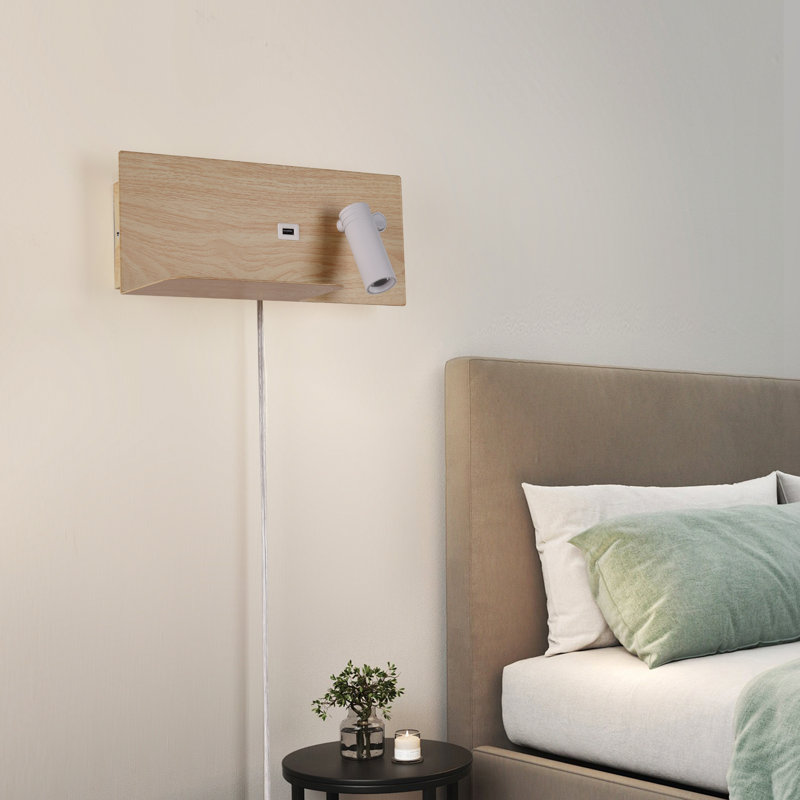 Modern Wood Led Plug In Wall Sconce With Shelf Mount Reading Lamp For Bedroom