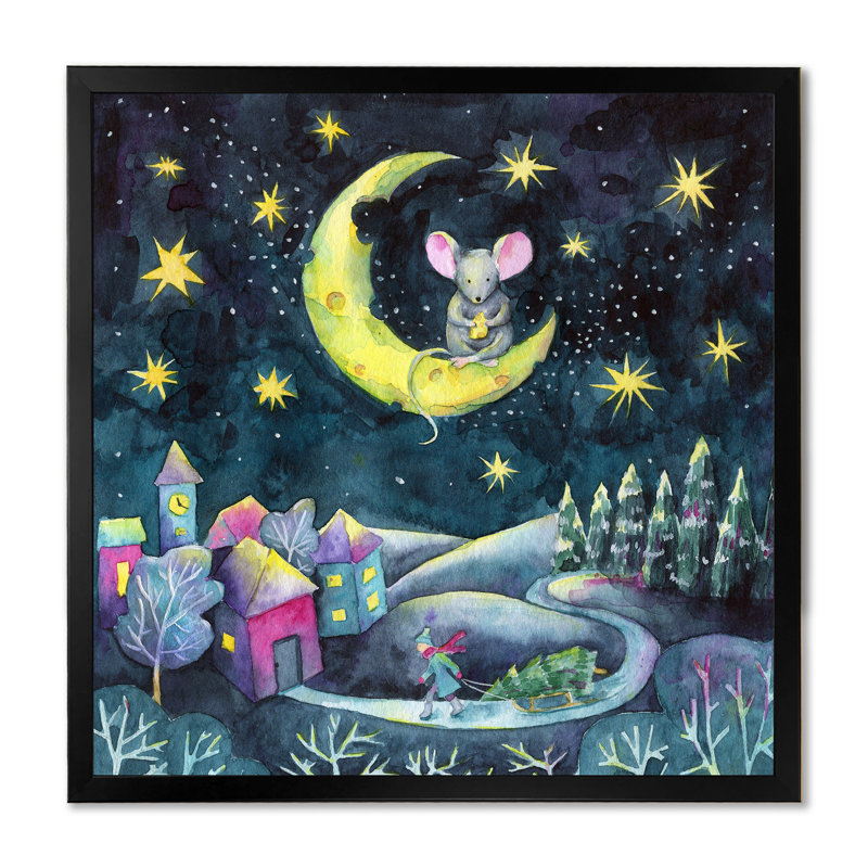 Illustration de Noël - Art mural pour enfants, art sur toile, H 16 po x l 16 po x P 1 po, Impression noire sur toile encadrée