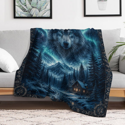 Wolf Aurora Forest Cabin Night Sky Mountains Trees Luxury Flannel Throw Blanket, Soft Warm Fuzzy Blanket for Living Room Sofa Bed Home Decor