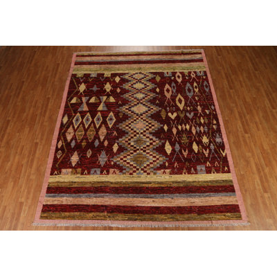 Tapis rouge en laine noué à la main de conception unique 9 pi 8 po x 11 pi 10 po New Age