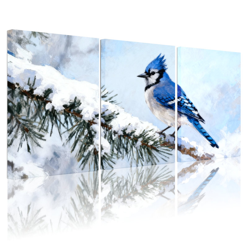 «Birds Jay on Snowy Branch Winter Scene», ensemble de 3 impressions d'art sur toile, H 30 po x l 60 po