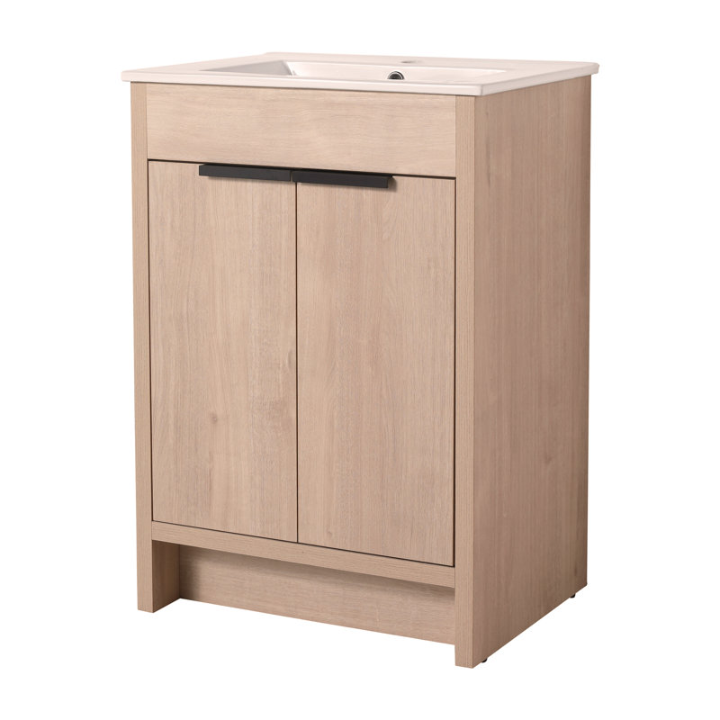 Meuble-lavabo autoportant avec lavabo en céramique et 2 portes d'armoire à fermeture en douceur