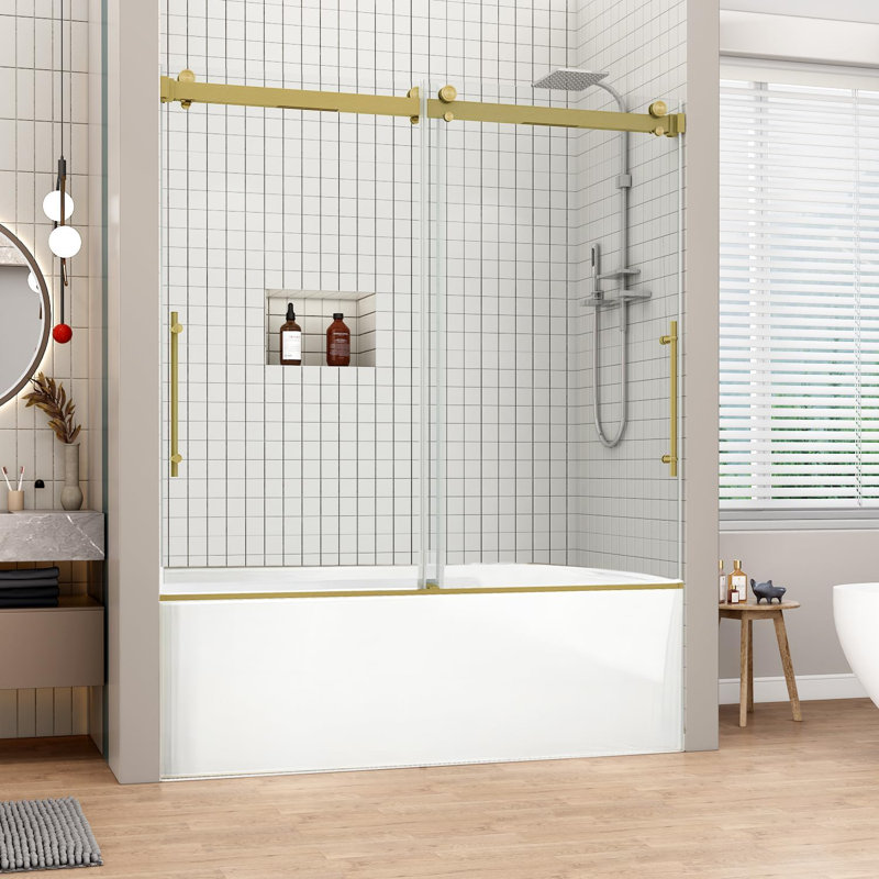 60" W X 60" H Double Sliding Frameless Shower Door, Brushed Gold