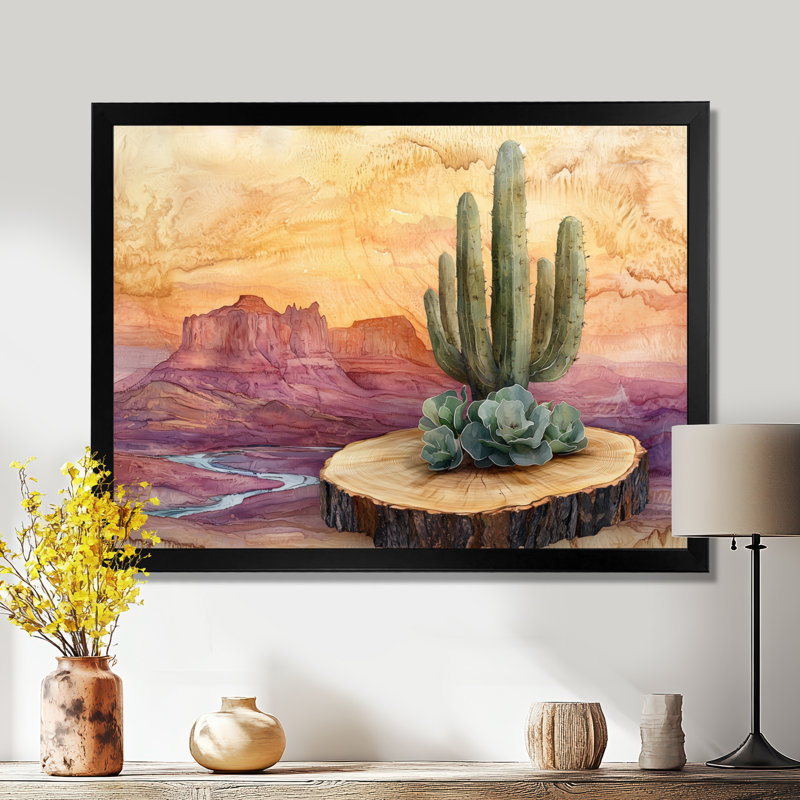 Cactus du désert sur un plateau en bois I - Cactus Wall Art, H 30 po x l 40 po, Cadre simple, Noir