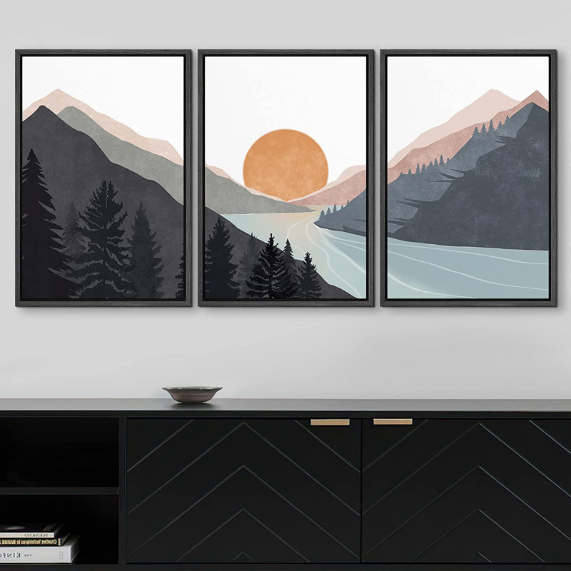 «Sun Mountain Landscape Range Abstract Lake Nature», ensemble de 3 reproductions d'art sur toile encadrées, H 36 po x l 72 po