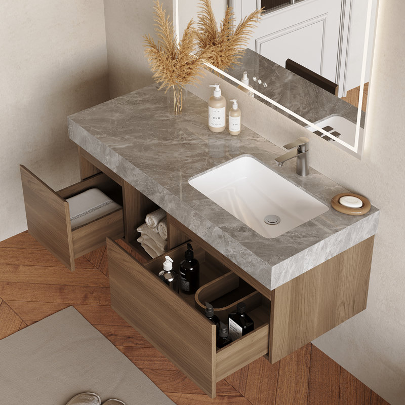 Meuble-lavabo 48 po en noyer avec lavabo, meuble-lavabo simple en bois brun moderne avec rangement, meuble de salle de bain de conception minimaliste avec drain