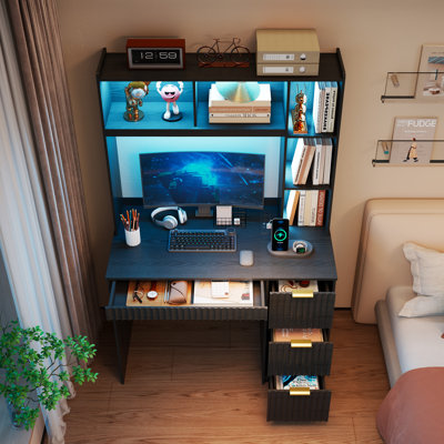 66''H Computer Desk with LED Huntch, Charging Station, Drawer Cabinet, Open Bookshelves for Home Office