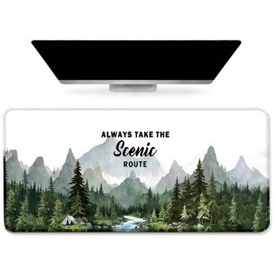 Green Forest Mountain Camping Large Mouse Pad Camper Gifts for Women,Always Take the Scenic Route Extended Gaming Desk Mat for Computer Keyboard Wireless Mouse Laptop, 15.75 x 31.5 inComes with a pure white mug as a gift