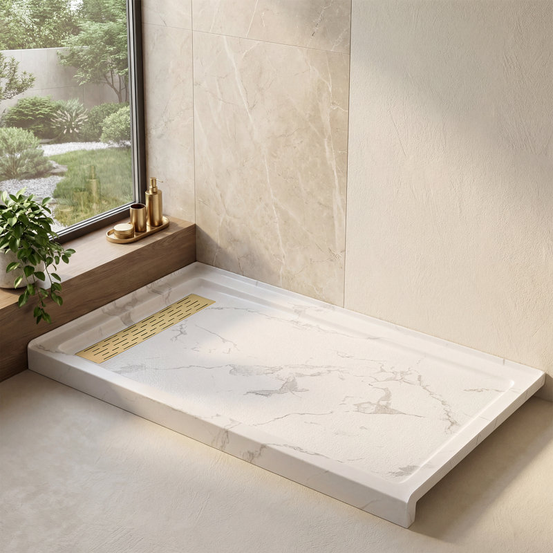 60"W X 36"D Rectangle Shower Base, Marble-Look Acrylic Shower Pan With Anti-Slip Texture, Left, Brushed Gold