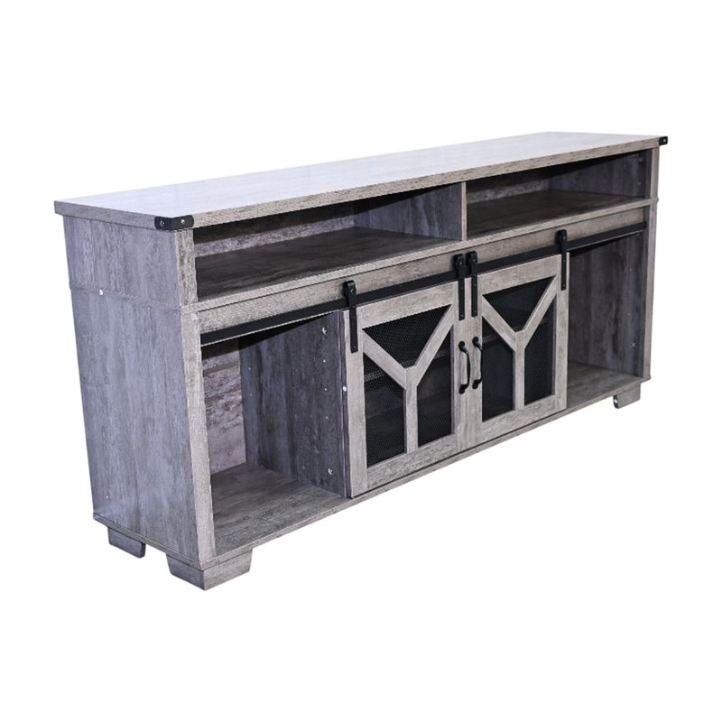 Meuble télé 65,3 po avec porte grillagée en fer, éclairage à DEL et éléments en forme de Y, couleur gris antique, finition coulissante 60 69 pouces, ajustement