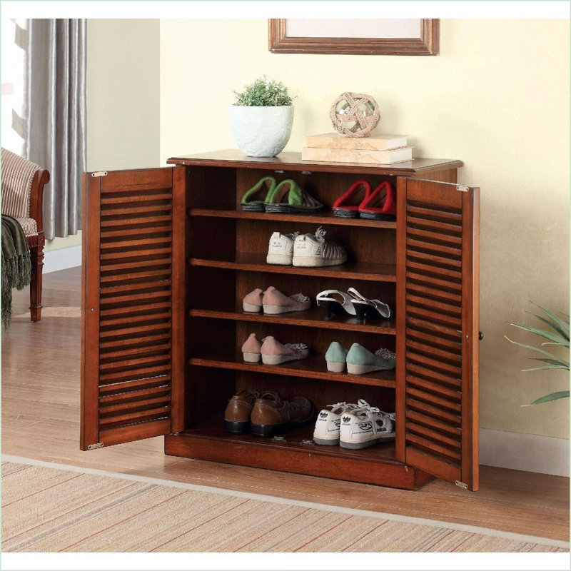 Oak Shoe Cabinet with Adjustable Shelves, Transitional Solid Wood Veneer Louver Doors 30x15x34.5 In | Living Room | Traditional