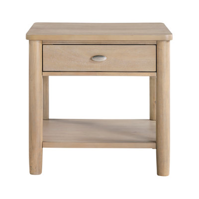 Natural Finish Classic End Table - Wooden Living Room Furniture with Drawer & Open Shelf