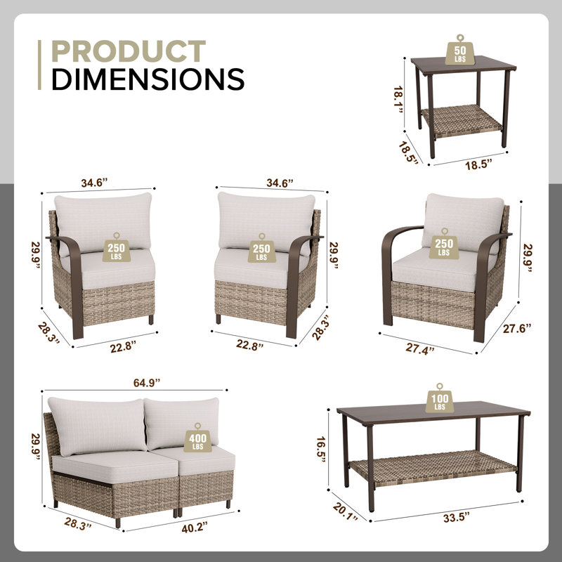 Ensemble de conversation d'extérieur pour 6 personnes avec coussins, Beige