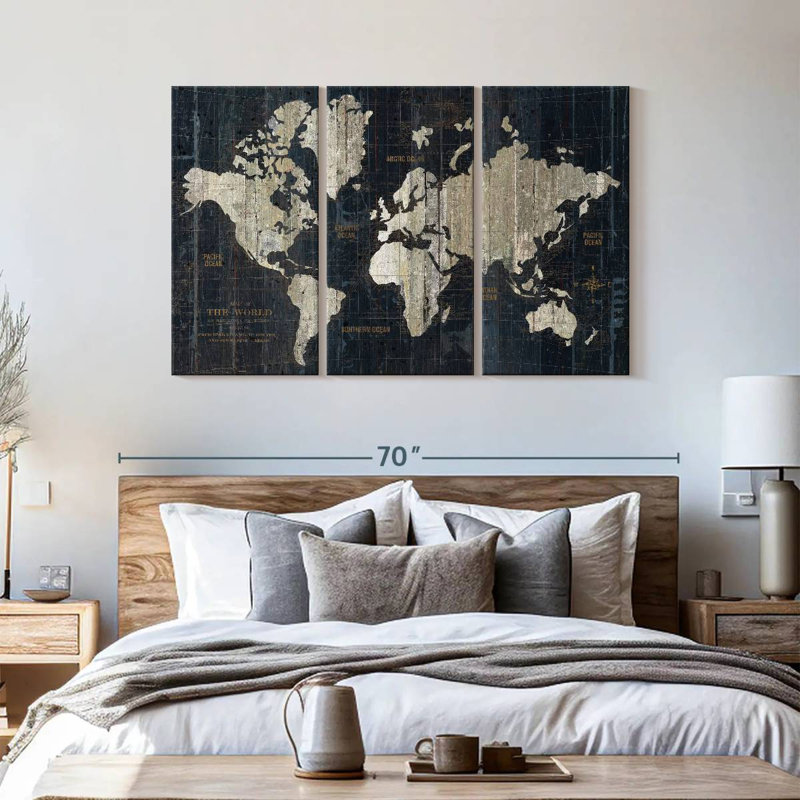 Carte du vieux monde en bleu sur toile, ensemble de 3 pièces, H 57 po x l 36 po x P 1,25 po