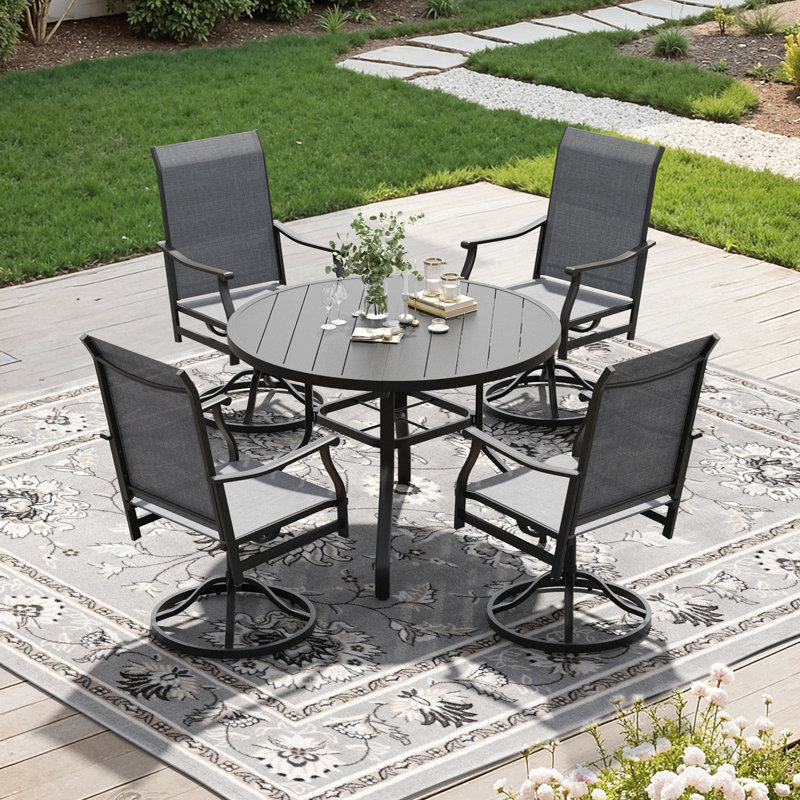 5-Piece Outdoor Patio Dining Set with 360° Swivel Chairs and Round Table, Gray/Black, 4