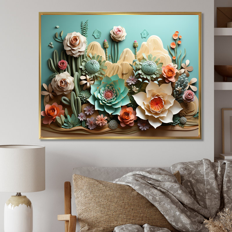 Cactus Mint Mirage - Cactus, reproduction d'art sur toile, H 24 po x l 32 po x P 1 po, Cadre flottant doré