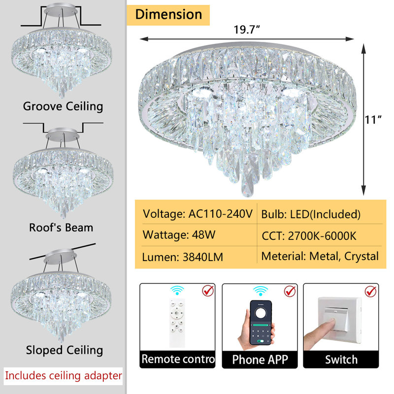 Modern Dimmable Crystal Chandelier, Silver