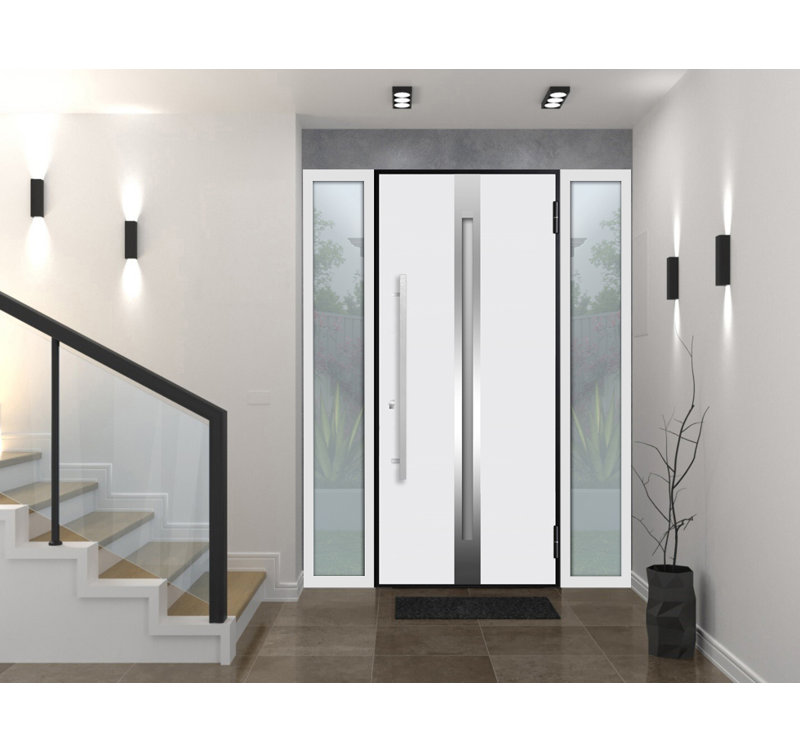 Porte avant en acier pré-suspendue à l'avant / deux en chêne naturel 1744/2 fenêtres latérales blanches à l'extérieur / inserts en acier inoxydable simples peints modernes - l 12 + 36 + 12 po x H 80 po - À gauche