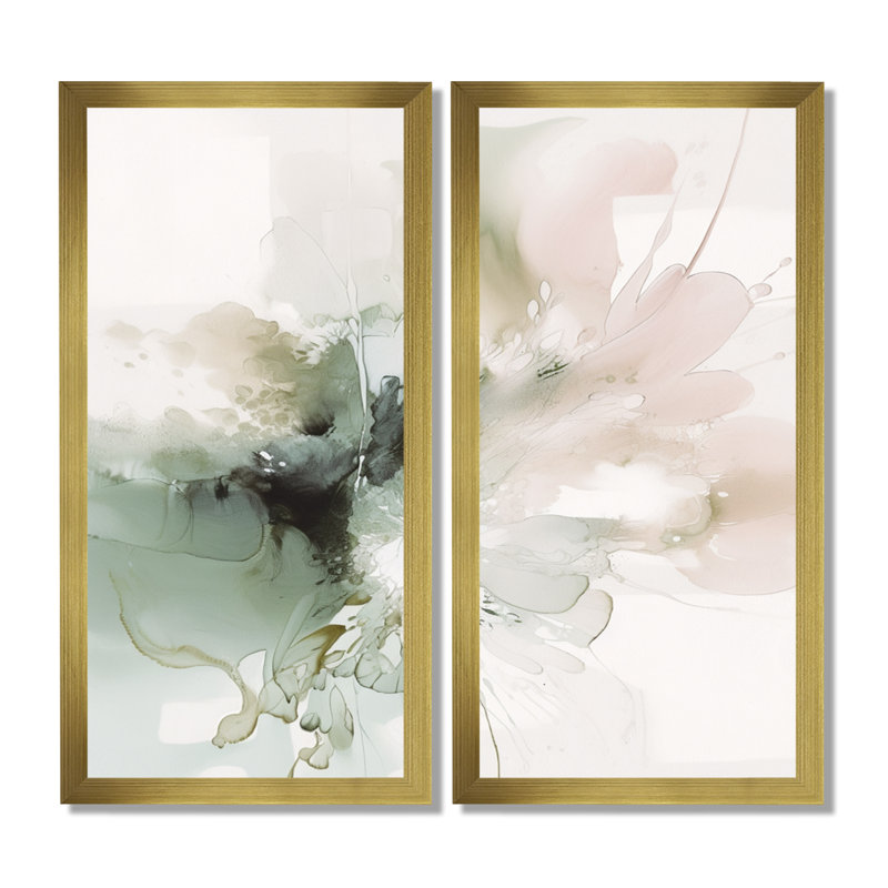 «Green and Cream Essence Of Modernity - Abstract Marble Impressions encadrées, art mural abstrait sur toile verte 2 pièces