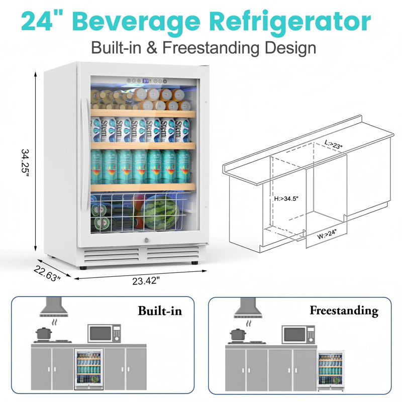 Réfrigérateur à boissons 24 po à encastrer / autoportant 24 bouteilles pour refroidisseur de bière et de soda avec porte vitrée, DEL bleue et réfrigérateur à boissons réversible