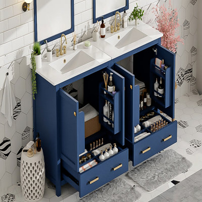 Ensemble de meuble-lavabo blanc 60 po avec lavabos doubles (séparés), lavabos doubles en céramique, tablette de rangement et tiroirs séparés (miroir non inclus) - Solution de salle de bain moderne pour salles de bain spacieuses