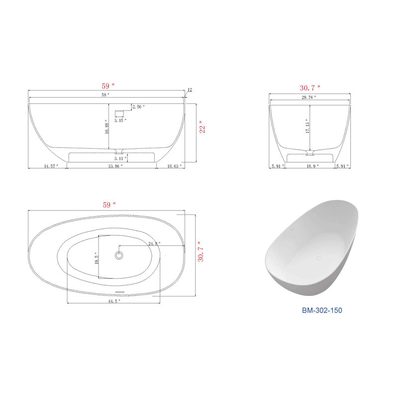 Baignoire de trempage autoportante de 59 po x 30 po
