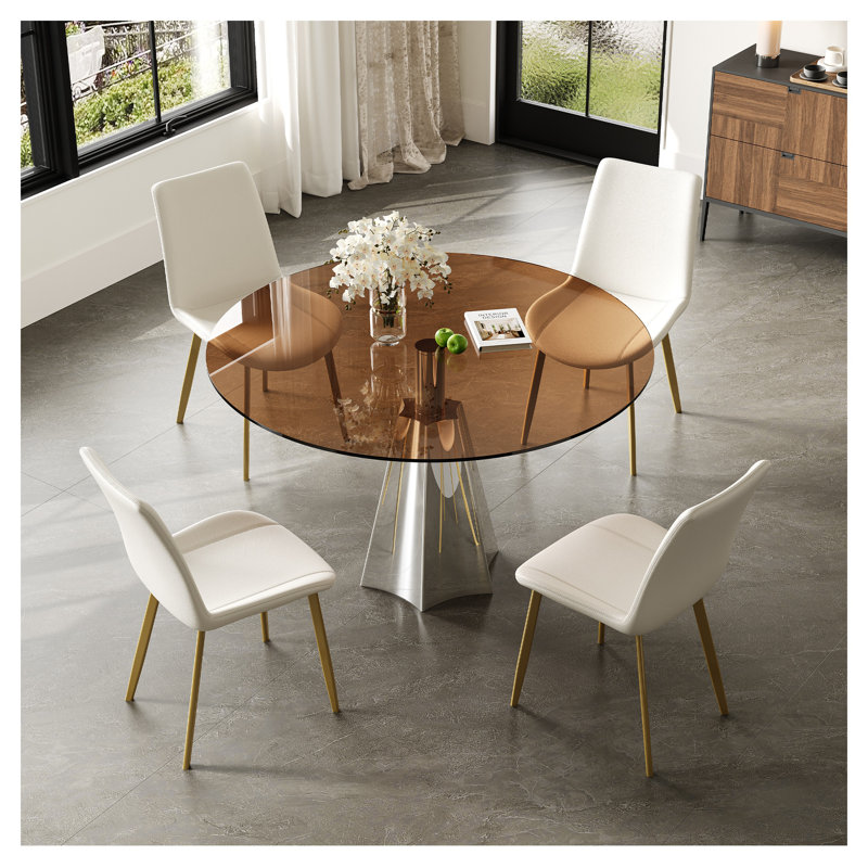 Ensemble de table de salle à manger ronde en verre de 35 pouces avec plateau imprimé noir et blanc, 4 chaises à base argentée, mobilier Mid-Century moderne 5 pièces
