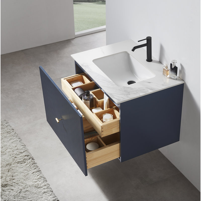 Meuble-lavabo mural moderne de 30 po Jamell, Dark Blue, Blanc