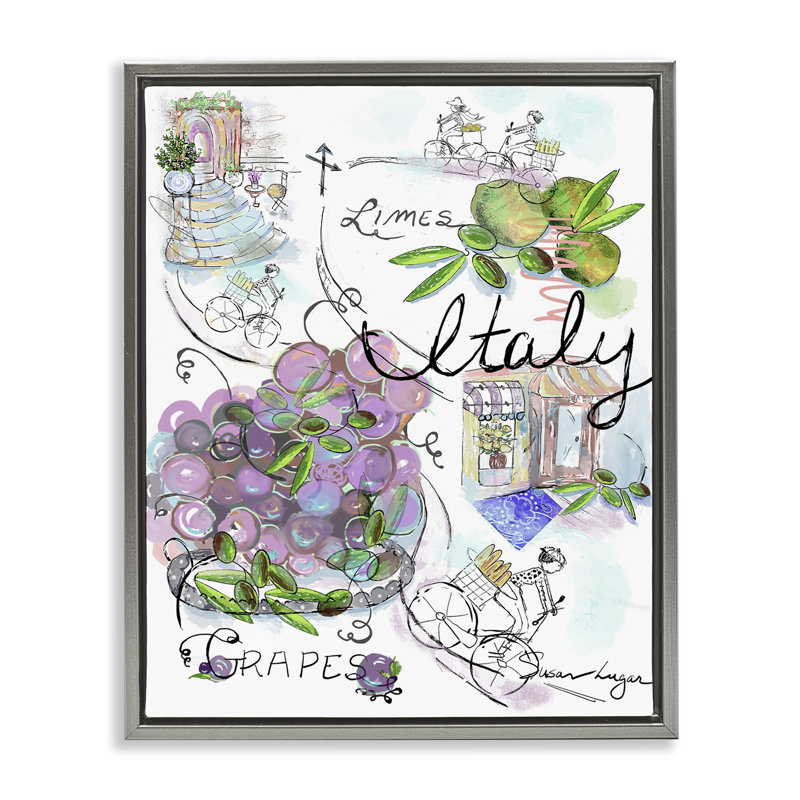 Cadre flottant Italie, croquis raisins et bistro, design par Susan Lugar, Cadre flottant gris lustré, H 21 po x l 17 po
