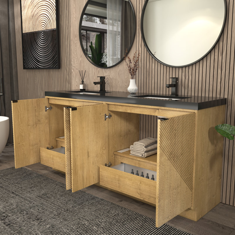 Ensemble de meuble-lavabo autoportant 70,8 po Monterey + double lavabo en acrylique noir renforcé, Chêne
