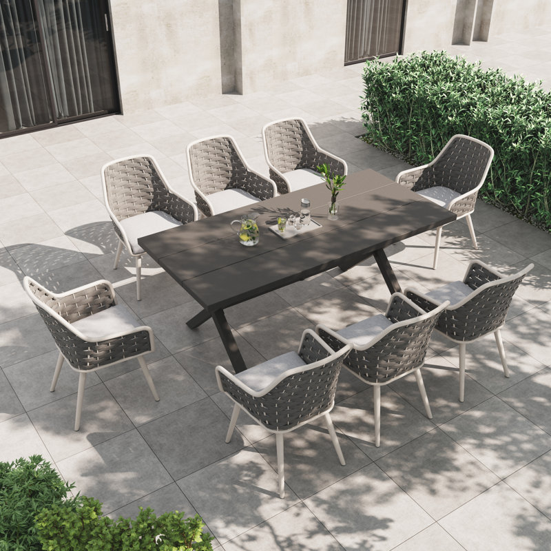 Ensemble repas extérieur pour 8 personnes avec coussins 8 personnes, Blanc / Gris